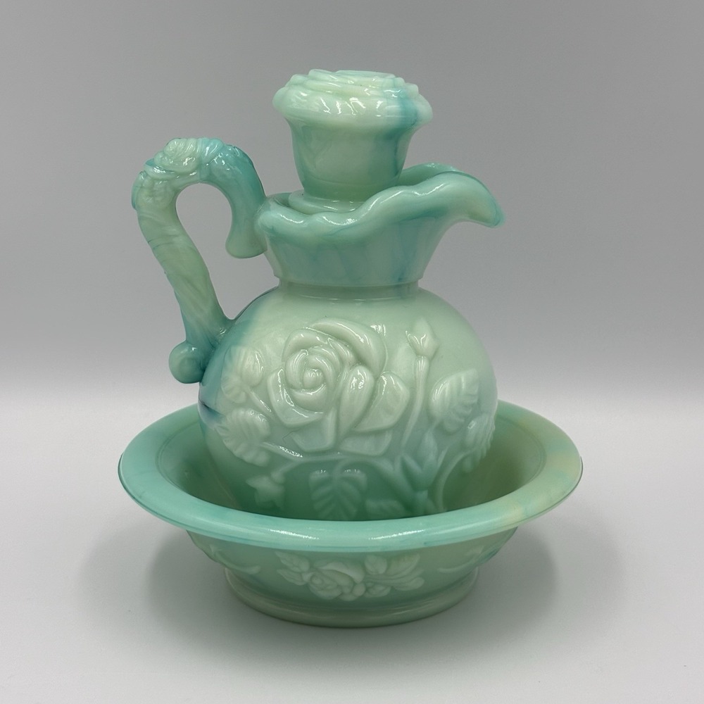 Vintage Avon Aqua Blue Jade Rose Mini Pitcher Bowl Vanity Bottle Set Grandmacore